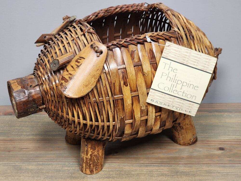 Basketville Hand Woven Wicker and Bamboo Pig Basket Planter